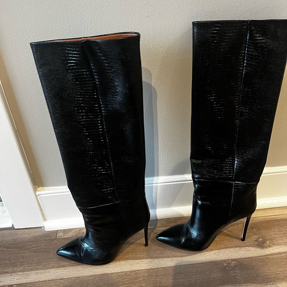Paris Texas Black Lizard Skin Effect Textured Knee High Heeled Boots 105mm SZ 40 - Picture 2 of 5